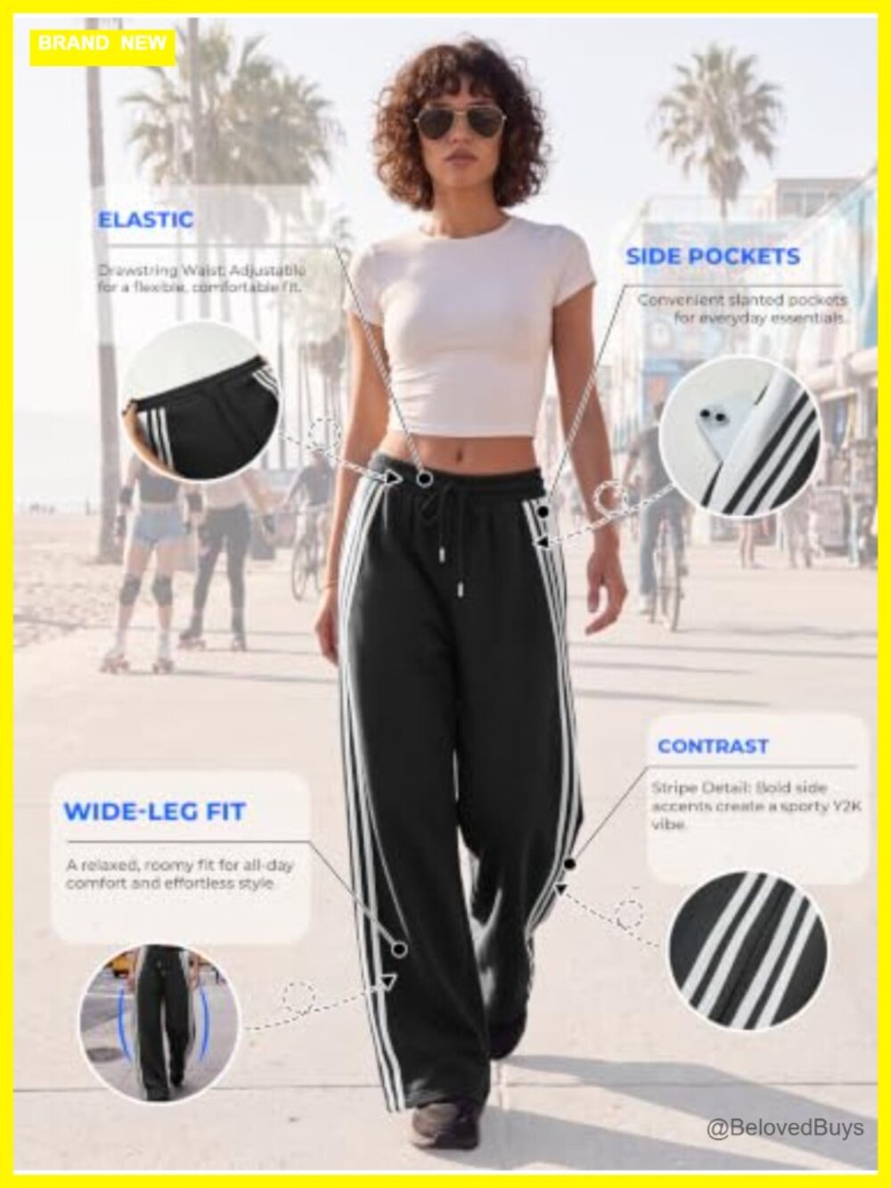 Wide Leg Striped Sweatpants High Rise Drawstring Pockets Active - Picture 2 of 5